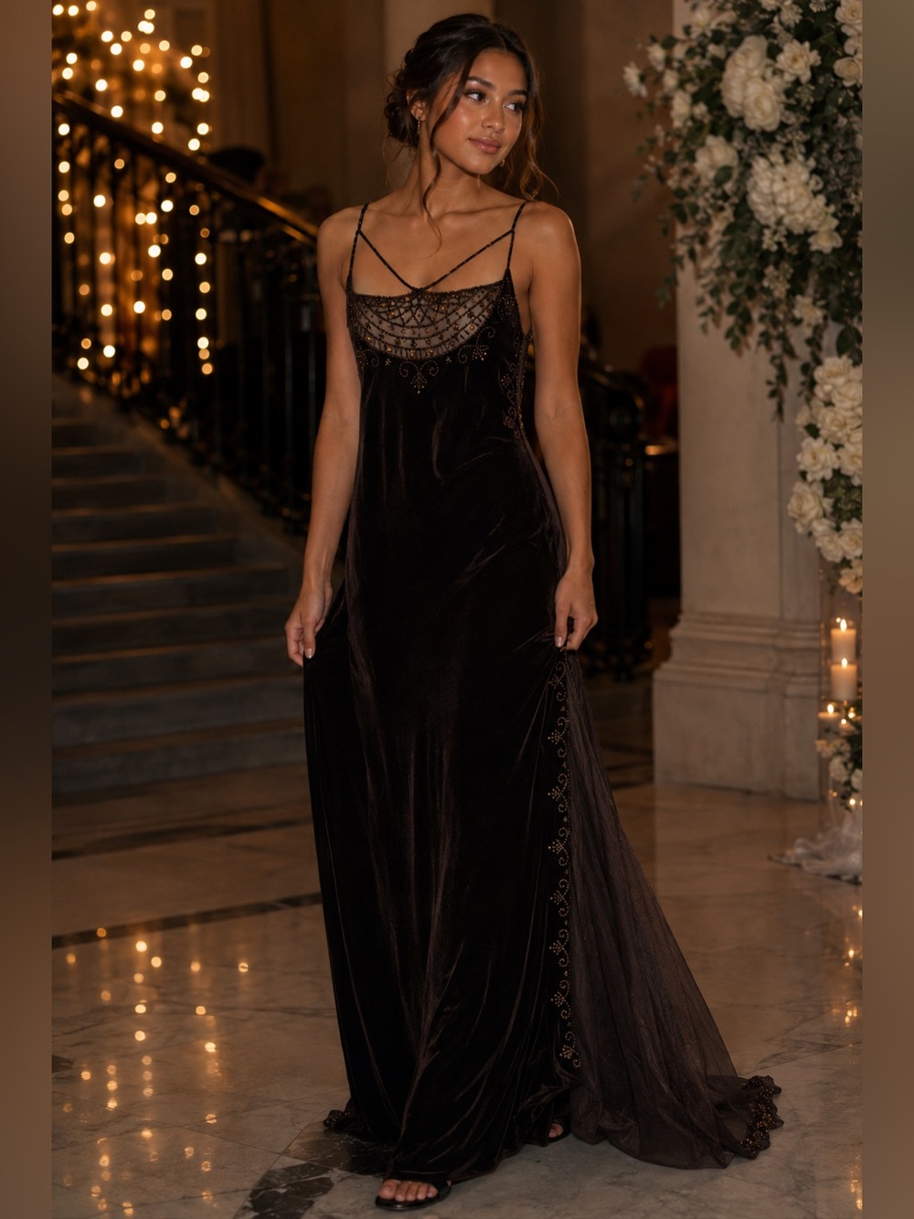 vintage Y2K Dave & Johnny dark brown velvet formal evening gown size 5/6